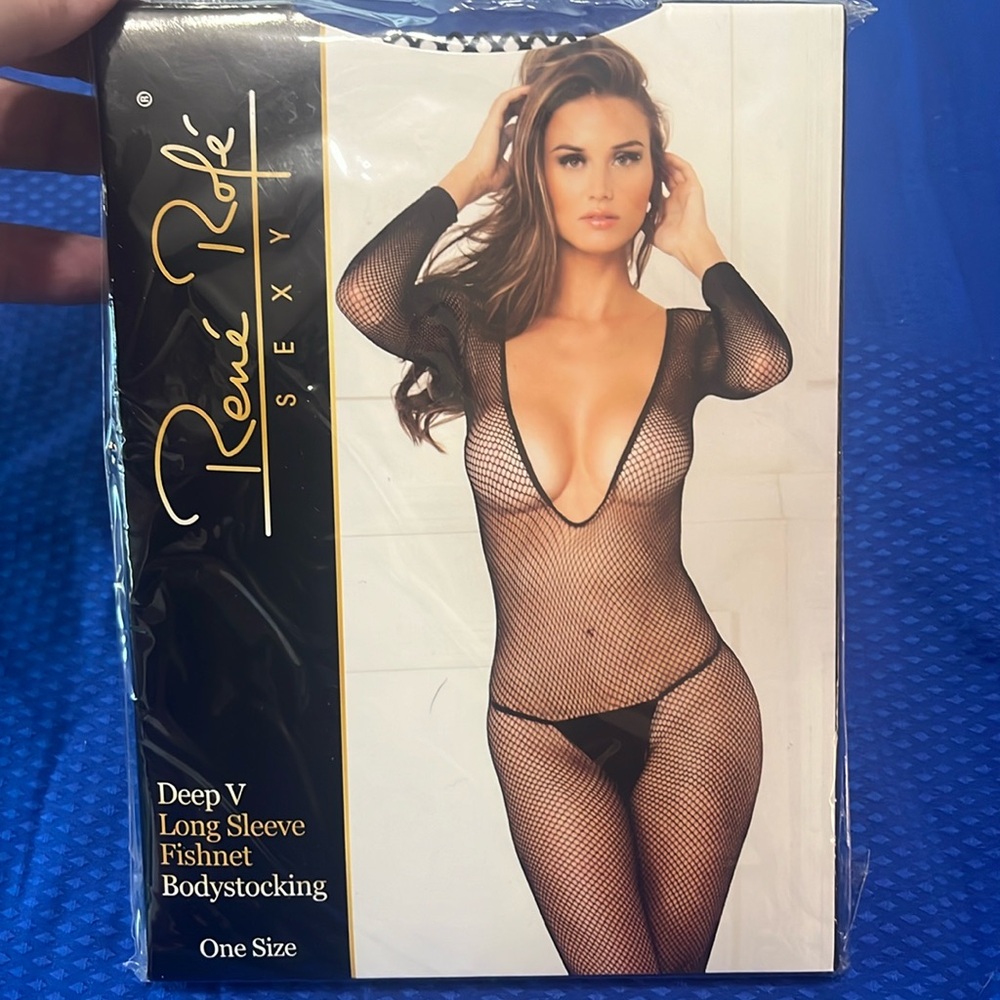 Bodystocking - Deep V Long Sleeve Fishnet -Black - Size: One Size- Rene Rofe